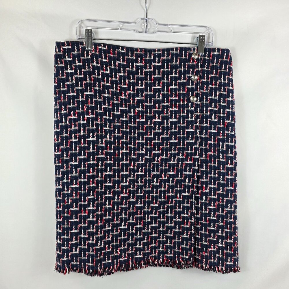 Talbots Tweed Skirt Women's Size 16 Blue, Red & White Geo Print Tweed Fringe Hem